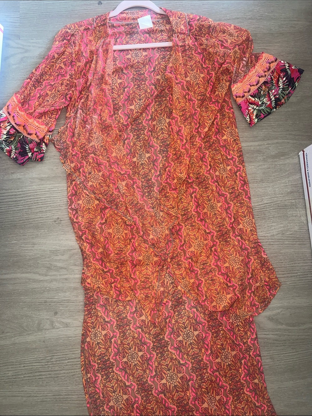 Maaji micromesh Orange and Pink Printed high low kimono swim coverup